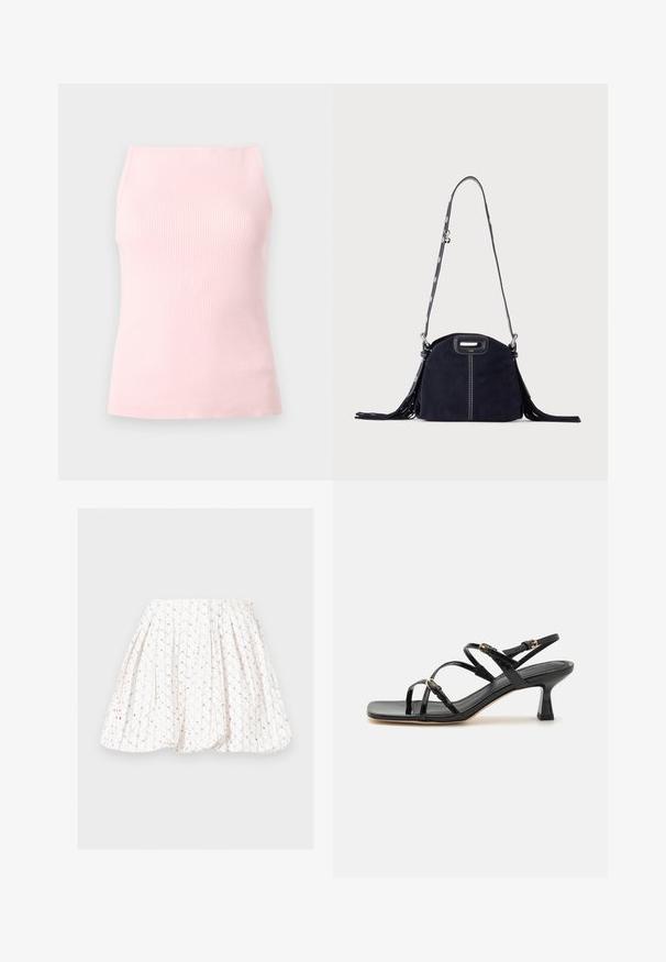 Haut sans manches en maille côtelée rose avec un col carré haut et une silhouette ajustée, présenté sur un fond gris neutre.; Jupe plissée blanche avec un motif délicat de sequins dorés et beiges disposés en lignes verticales et petits groupes.; Sandales à strapes en cuir verni noir avec un bout carré et un petit talon carré. Présente des accessoires en métal doré et des brides de cheville réglables.; Sac à main en daim bleu foncé avec des coutures blanches, une poignée découpée, une bandoulière à motif et de longues franges des deux côtés.