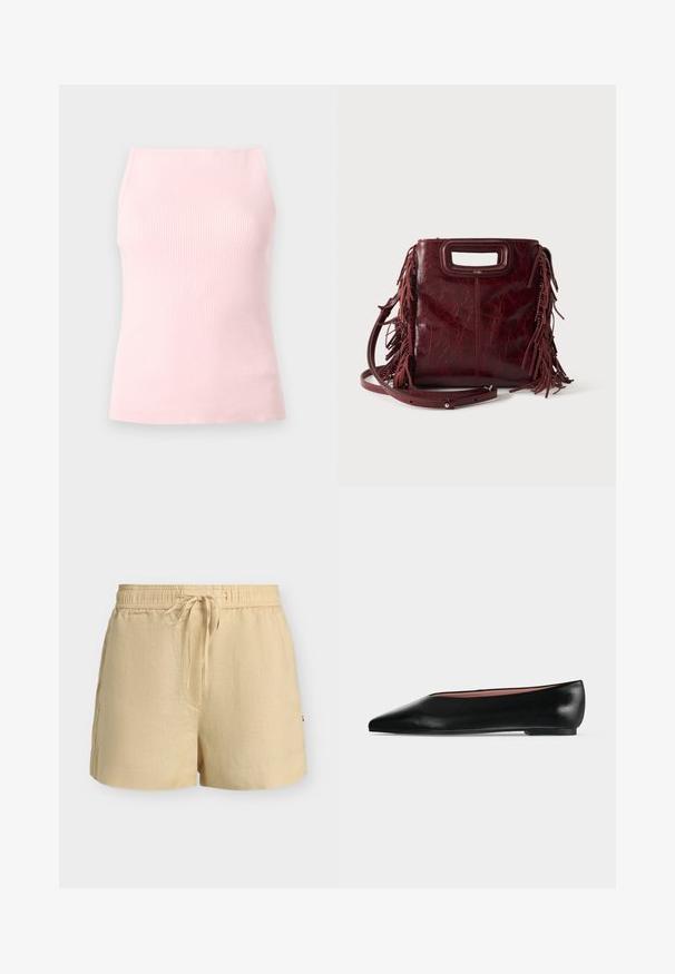 Haut sans manches en maille côtelée rose avec un col carré haut et une silhouette ajustée, présenté sur un fond gris neutre.; Shorts en lin beige avec taille élastique et cordon de serrage à l'avant, avec poches latérales et coupe décontractée.; Chaussure plate en cuir noir pour femme, avec bout pointu et petit talon, vue de côté sur un fond gris clair uni.; Sac à main carré en cuir bordeaux avec poignée découpée, détails de franges latérales et bandoulière réglable sur fond uni.