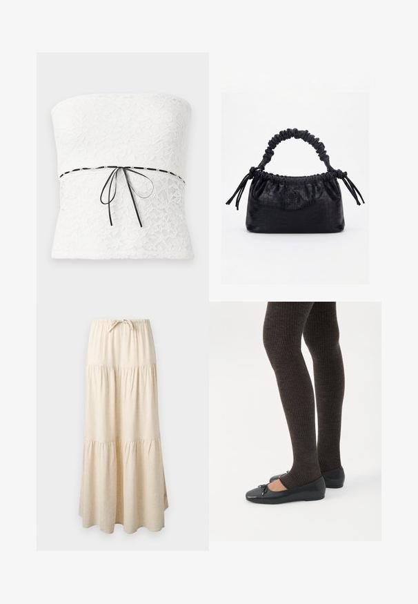 Top sin tirantes de encaje blanco con un patrón floral y un lazo negro en la cintura, que muestra un acabado texturizado.; Falda larga beige de capas con cinturilla elástica y cordón, que presenta un diseño de tela fluida y fruncida.; Piernas con leggings oscuros acanalados combinados con bailarinas negras que presentan pequeños detalles de lazo sobre un fondo blanco.; Bolso negro con textura de cocodrilo, borde superior fruncido, asa recogida y cordones con borlas en cada lado sobre un fondo blanco.