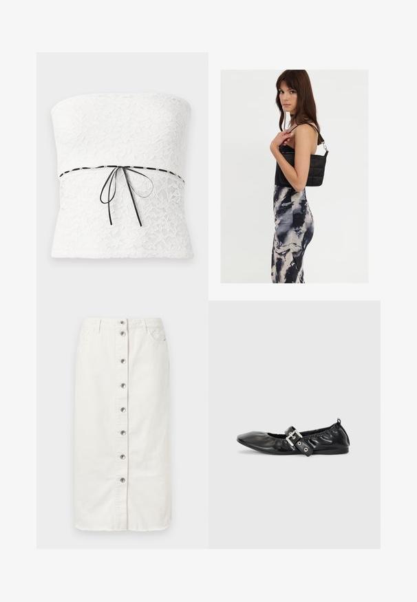 Top sin tirantes de encaje blanco con un patrón floral y un lazo negro en la cintura, que muestra un acabado texturizado.; Falda midi de denim blanco con cierre de botones en el frente, dos bolsillos laterales y acentos bordados en la cinturilla. Presenta un dobladillo sin terminar.; Zapato plano de piel negra con puntera afilada, detalle fruncido alrededor de la abertura y un acento de hebilla plateada en la correa ajustable.; Bolso de hombro negro acolchado con una sola correa y herrajes plateados, combinado con un vestido ajustado de patrón tie-dye en tonos de negro y crema.