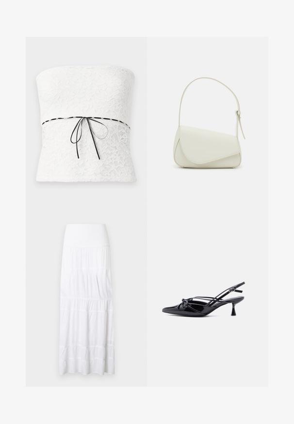 Top sin tirantes de encaje blanco con un patrón floral y un lazo negro en la cintura, que muestra un acabado texturizado.; Falda larga blanca de volantes hecha de tela ligera. Cuenta con una cinturilla elástica y una textura sutil con costuras horizontales.; Zapato de salón slingback de charol negro con punta afilada, tacón bajo tipo kitten, y detalle decorativo de lazo anudado en la parte delantera.; Bolso de mano de imitación cuero blanco con una forma triangular estructurada, correa ajustable única y cierre con solapa acentuada en curva.