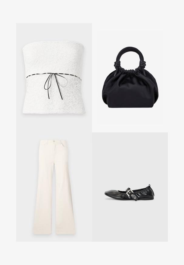 Top sin tirantes de encaje blanco con un patrón floral y un lazo negro en la cintura, que muestra un acabado texturizado.; ONLY Wide-fit ONLMADISON High waist Wide Leg Fit - Pernera ancha - ecru; Zapato plano de piel negra con puntera afilada, detalle fruncido alrededor de la abertura y un acento de hebilla plateada en la correa ajustable.; Bolso de mano de tela negra suave con parte superior fruncida y asas acolchadas circulares atadas con nudos a cada lado.