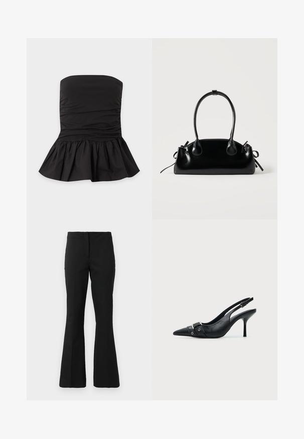 Top bustier noir avec tissu froncé et ourlet peplum évasé, présenté à plat sur un fond clair.; Pantalons noirs ajustés avec une taille haute et des jambes légèrement évasées, présentés sur un fond blanc uni.; Escarpin slingback à talon haut en cuir noir avec bout pointu, boucle et détail de bride œillet à l'avant.; Petit sac à main noir brillant avec deux longues anses et des détails à cordon sur les côtés sur un fond clair uni.