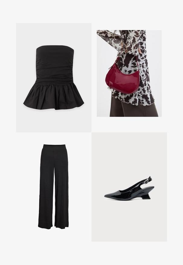 Top bustier noir avec tissu froncé et ourlet peplum évasé, présenté à plat sur un fond clair.; Pantalon large noir à taille haute élastique avec une subtile texture côtelée, conçu pour une coupe ample et confortable.; Chaussure slingback en cuir verni noir avec bout pointu et petit talon bloc incliné sur fond clair uni.; Femme portant un chemisier à motif noir et blanc tenant un sac à main rouge brillant sur un fond uni.