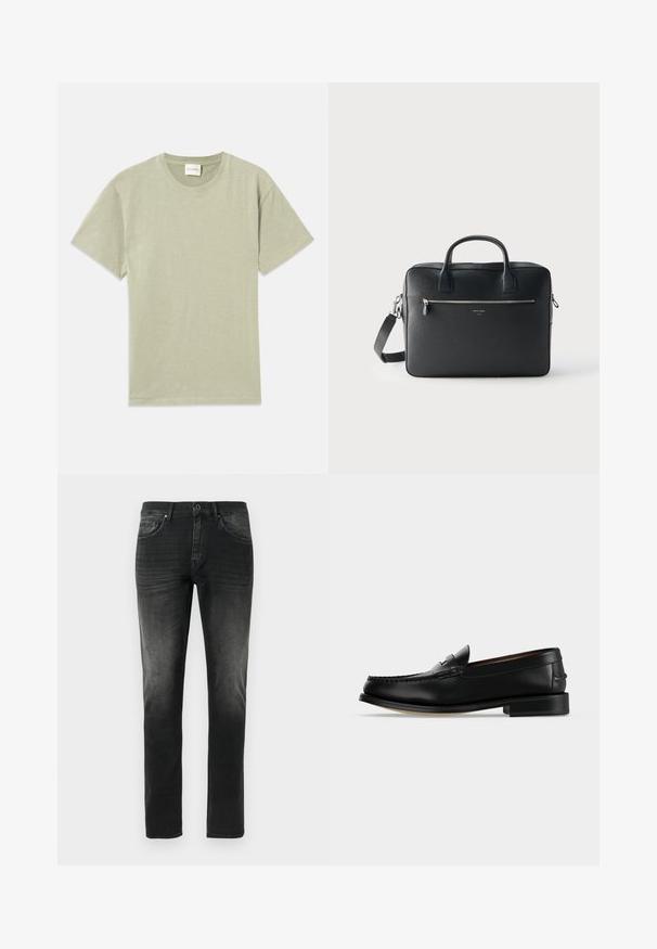 Hellgrünes T-Shirt mit kurzen Ärmeln und Rundhalsausschnitt, mit einem kleinen gestickten Logo auf der unteren linken Frontseite.; Schwarze Skinny-Jeans aus Denim mit leicht verwaschenen Details, fünf Taschen und einem Reißverschluss. Glatte Textur und klassisches Design.; Schwarzer Leder-Herrenschuh (Loafer) mit niedrigem Absatz und Mokassin-artiger Naht am Zehenbereich, seitlich auf einfarbigem Hintergrund dargestellt.; Schwarze rechteckige Lederaktentasche mit zwei Griffen, frontaler Reißverschlusstasche und abnehmbarem Schulterriemen vor schlichtem hellem Hintergrund.