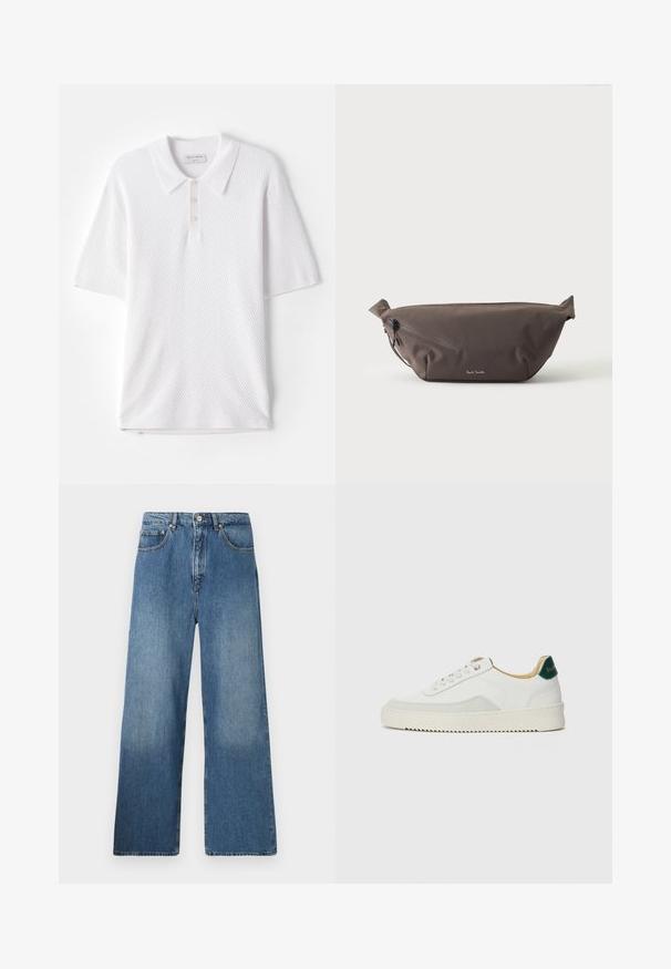 Weißes Poloshirt aus strukturiertem Rippstoff, mit einem Kragen und drei kleinen Knöpfen auf der Vorderseite. Kurze Ärmel und gerader Saum.; Breite blaue Denim-Jeans mit klassischem Fünf-Taschen-Design, Knopfverschluss vorne und leichtem Verblassen für Textur.; Weiße Sneaker mit Wildlederelementen, runder Zehenpartie, flachen Schnürsenkeln und einer cremefarbenen Gummisohle. Mit grünen Markenlogo am Fersenbereich.; Dunkelbraune Stoff-Gürteltasche mit diagonalem Reißverschlussfach und kleinem weißen Logo vorne, vor einem einfarbigen hellen Hintergrund.