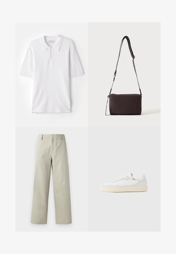 Weißes Poloshirt aus strukturiertem Rippstoff, mit einem Kragen und drei kleinen Knöpfen auf der Vorderseite. Kurze Ärmel und gerader Saum.; Han Kjøbenhavn WIDE LEG - Stoffhose - light grey; Weißer Sneaker mit strukturiertem Obermaterial aus Wildleder und Leder. Verfügt über eine runde Zehenpartie, Schnürverschluss und eine kontrastierende beige Gummisohle.; Dunkelbraune, strukturierte Leder-Crossbody-Tasche mit verstellbarem Riemen und kleinem dekorativen blauen Akzent an der Seite.