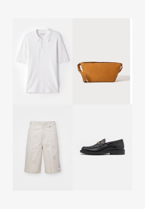 Weißes Poloshirt aus strukturiertem Rippstoff, mit einem Kragen und drei kleinen Knöpfen auf der Vorderseite. Kurze Ärmel und gerader Saum.; Beige Baumwollshorts mit geradem Schnitt, knielang, ausgestattet mit zwei vorderen Taschen und subtilen Falten für zusätzliche Textur.; Schwarze Lederleter mit einer abgerundeten Zehenpartie, ausgestattet mit goldenen Hardwareakzenten und Stichdetails, auf einer niedrigen, strukturierten Gummisohle.; Hellbraune Leder-Umhängetasche mit verstellbarem Schulterriemen und Reißverschluss, vor einem schlichten hellen Hintergrund gezeigt.