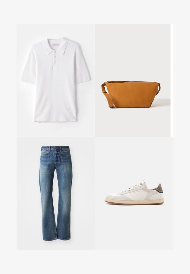 Witte polo shirt met een geweven ribstof, een kraag en drie kleine knopen aan de voorkant. Korte mouwen en een rechte zoom.; Denim jeans in een licht tot gemiddeld blauwe kleur, met een recht gesneden pijp, klassiek vijf-pocket ontwerp en subtiele vervaging aan de voorkant.; Witte lage sneaker met beige zool, veters aan de voorkant, groene en blauwe detail op de hiel en subtiel gouden "Paul Smith" logo aan de zijkant.; Lichtbruine leren crossbodytas met verstelbare band en ritssluiting, getoond tegen een effen lichte achtergrond.
