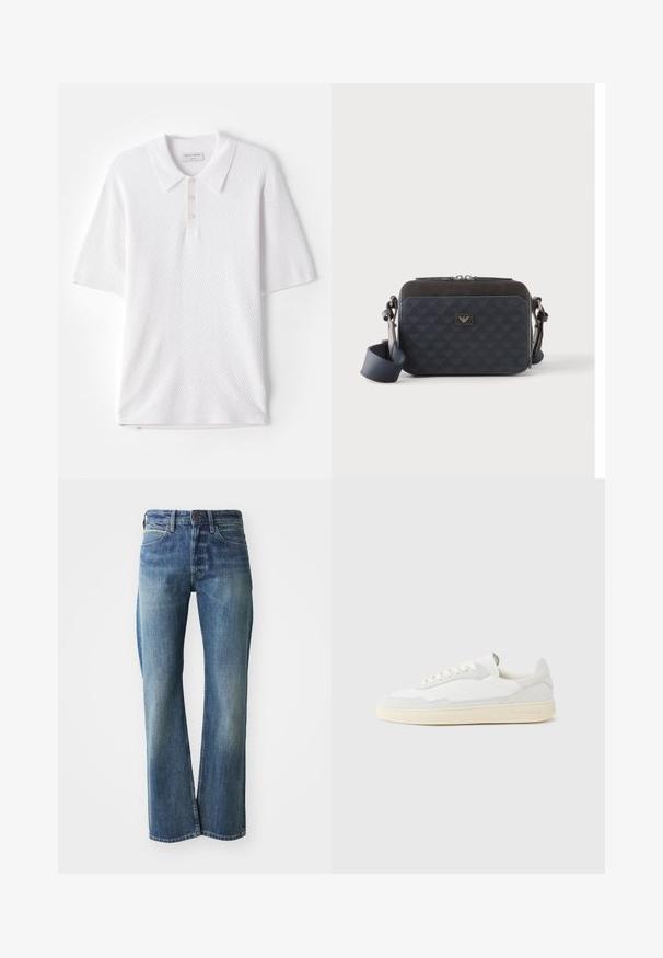Weißes Poloshirt aus strukturiertem Rippstoff, mit einem Kragen und drei kleinen Knöpfen auf der Vorderseite. Kurze Ärmel und gerader Saum.; Jeans aus Denim in einem hellen bis mittleren Blauton, mit geradem Schnitt, klassischem Fünf-Taschen-Design und subtiler Ausbleichung auf der Vorderseite.; Weißer Sneaker mit strukturiertem Obermaterial aus Wildleder und Leder. Verfügt über eine runde Zehenpartie, Schnürverschluss und eine kontrastierende beige Gummisohle.; Rechteckige dunkelblaue Umhängetasche mit verstellbarem Riemen, Reißverschluss und subtilem Logomuster auf der Vorderseite.