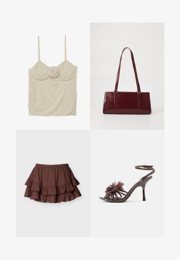 Débardeur beige sans manches avec un détail en rose au centre, présentant un tissu texturé et des côtés froncés pour un look ajusté.; Mini-jupe marron à volants superposés avec une ceinture élastique et des volants bordés de dentelle sur un fond clair uni.; Sandale à talon haut en cuir verni marron avec bride à la cheville et grande fleur en tissu sur les brides avant.; Sac à main bordeaux en matériau brillant, de forme rectangulaire, avec deux anses et des accents légèrement courbés à l'avant.