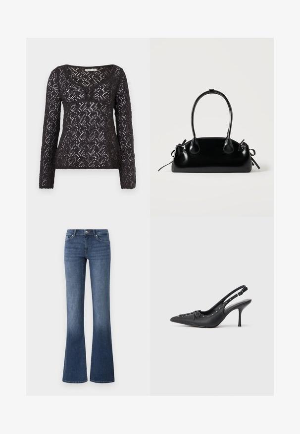 Haut noir à manches longues en tissu de dentelle à maillage ouvert, avec un col en V et trois boutons au niveau de l'encolure, motif texturé en losanges.; Jeans évasés en denim de couleur bleue, avec un lavage moyen, cinq poches et une fermeture éclair avec un bouton. Texture lisse.; Escarpin en cuir noir à talon aiguille avec un bout pointu, une bride latérale à boucle, des clous le long du bord et un laçage décoratif à l'avant.; Petit sac à main noir brillant avec deux longues anses et des détails à cordon sur les côtés sur un fond clair uni.