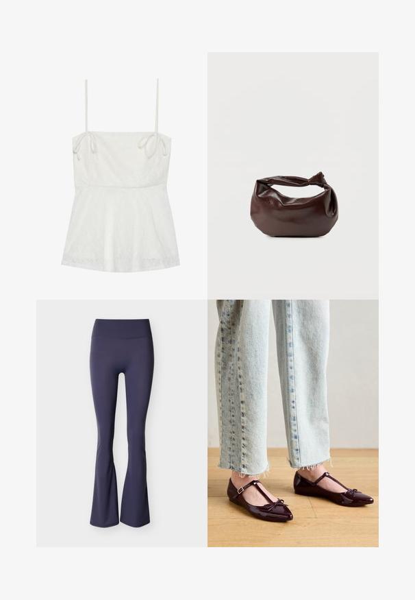 Camisole blanche avec bretelles spaghetti réglables, motif floral texturé sur le tissu et ourlet évasé.; Leggings évasés bleu marine en tissu extensible, dotés d'une taille haute et d'une texture lisse sans coutures ni motifs visibles.; Ballerines bordeaux brillantes avec une bride en T, ornées d'un nœud à l'avant. Portées avec un jean court en denim bleu clair.; Sac bandoulière en cuir marron foncé avec une forme souple et décontractée et une anse nouée torsadée sur un fond blanc uni.