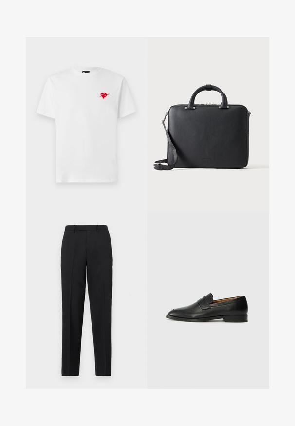 Witte katoenen t-shirt met een ronde hals en korte mouwen, voorzien van een kleine rode hart met een pijl grafiek op de linkerkant van de borst.; Theory STRAIGHT - Broek - deep black; Zwarte leren instapper met een ronde neus, subtiele stikdetails en een lage hak, met een gladde textuur en een minimalistisch ontwerp.; Zwarte gestructureerde leren aktetas met dubbele handvatten, afneembare schouderriem en bovenste ritssluiting op een effen lichte achtergrond.
