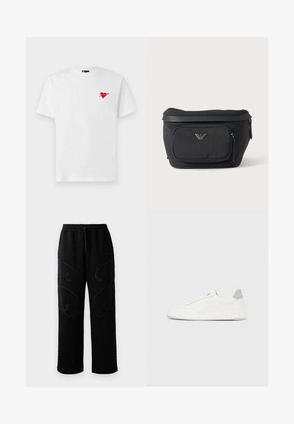 Camiseta de algodón blanca con cuello redondo y mangas cortas, que presenta un pequeño corazón rojo con un gráfico de una flecha en el lado izquierdo del pecho.; Pantalones de chándal negros con corte relajado, que presentan patrones de costura en espiral intrincados a lo largo de los laterales y una cintura elástica con cordón ajustable.; Zapatilla blanca de corte bajo con pestaña en el talón gris, cordones blancos y suela texturizada, presentada sobre un fondo claro y liso.; Riñonera negra con bolsillo frontal con cremallera y logo de águila plateado, tela lisa con ribete texturizado y tiradores de cremallera.