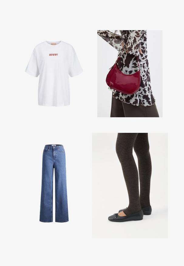 Hvid bomulds t-shirt med korte ærmer, med rød tekst "HOWDY" trykt på forsiden. Løs pasform med rund halsudskæring.; Lyseblå denim brede bukser med høj talje, to frontlommer og synlige stikninger. Har en knap- og lynlåslukning.; Ben iført mørke ribbede leggings kombineret med sorte balletsko med små sløjfedetaljer på hvid baggrund.; Kvinde iført en sort- og hvidmønstret bluse, der holder en blank rød skuldertaske mod en ensfarvet baggrund.