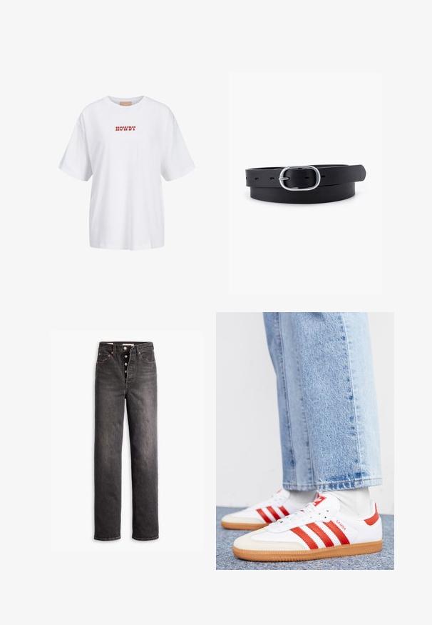 Hvid bomulds t-shirt med korte ærmer, med rød tekst "HOWDY" trykt på forsiden. Løs pasform med rund halsudskæring.; Sorte højtaljede jeans med lige ben-design, lavet af denim. Features en knaplukning, kobberdetaljer og kontrastsyninger.; Hvide lædersneakers med røde striber og accenter. Har en tekstureret gummisål og polstret krave. Bæres med lyseblå denim.; Sort læderbælte med en glat overflade, oval sølvmetalspænde og flere justeringshuller langs stroppen. Flad, minimalistisk design.