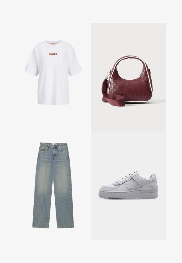 Hvid bomulds t-shirt med korte ærmer, med rød tekst "HOWDY" trykt på forsiden. Løs pasform med rund halsudskæring.; Lyseblå højtaljede lige ben jeans i denim med forlommer, bæltestropper og synlig knap- og lynlåslukning.; Grå Nike Air Force 1 sneakers med perforeret tå, glat læderoverdel, tyk sål og præget 'AIR' detalje på hælen.; Mørkerød vævet lædertaske med buet hank, hvid kant, sølv lynlås og aftagelig bred stofskulderrem mod en ensfarvet baggrund.