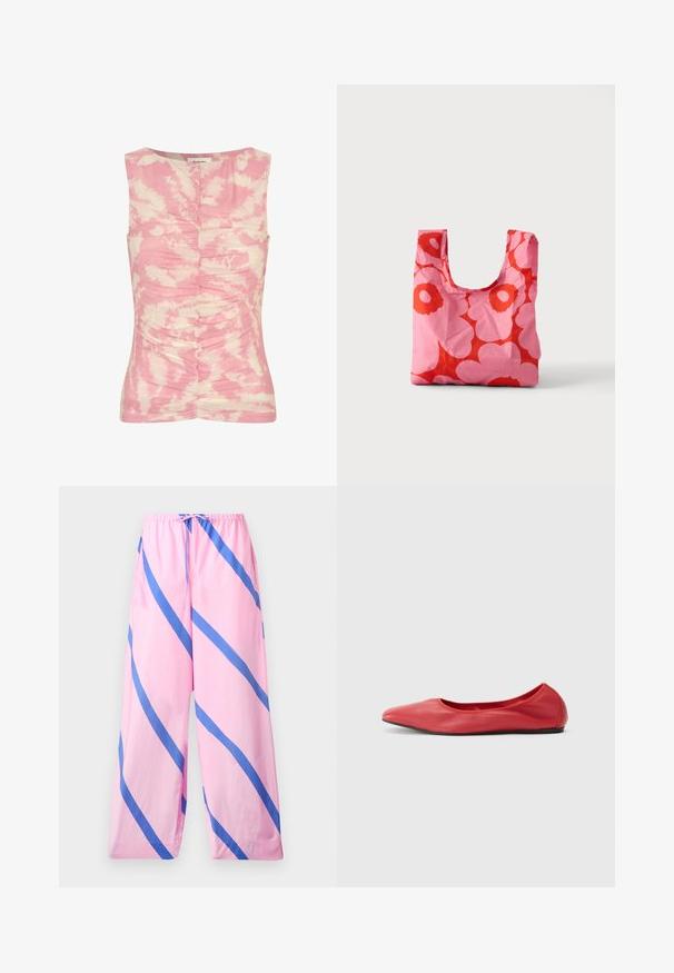 Débardeur sans manches rose et crème avec un motif tie-dye, texture froncée sur le devant et un col rond.; Pantalon large rose à rayures diagonales bleues, taille élastique et fermeture à cordon, présenté sur un fond neutre.; Filippa K REY FLATS - Ballerines - bright red; Sac de courses réutilisable avec motif floral rose et rouge, posé debout sur un fond uni clair.