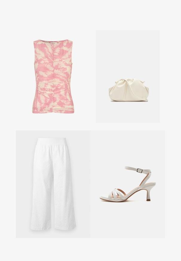 Débardeur sans manches rose et crème avec un motif tie-dye, texture froncée sur le devant et un col rond.; Marc Cain Pantalon classique - white; Sandale blanche à talon moyen avec trois brides à l'avant, une bride à la cheville avec une boucle argentée, et un talon légèrement incurvé sur un fond uni.; Pochette en cuir souple couleur crème avec un design froncé et une fine bandoulière reposant à l’avant sur un fond uni.
