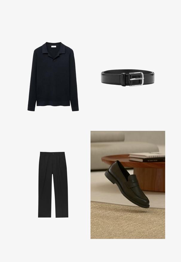 Mørkeblå ribstrikket sweater med polo krave, lange ærmer, blød tekstur og en kant, der let buer opad. Let og afslappet design.; Sorte bukser med lige ben, lavet af et glat stof. Har frontfolder og en enkelt knaplukning i taljen.; Sort læderloafer vist i luften over en beige vævet tæppe, med et træbord og stablede bøger i et blødt oplyst stue.; Sort læderbælte med synlige syninger og en skinnende sølvspænde lagt fladt i en sammenrullet position på en hvid baggrund.