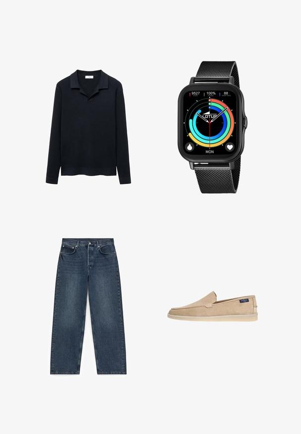 Mørkeblå ribstrikket sweater med polo krave, lange ærmer, blød tekstur og en kant, der let buer opad. Let og afslappet design.; Mørkeblå straight-leg denimjeans med fem lommer og knaplukning, lagt fladt på en hvid baggrund.; Beige ruskind slip-on sko med rundet tå, minimal syning og gummisål. Har en lille mærkeseddel på siden.; Sort firkantet smartwatch med en farverig cirkulær skærm, der viser skridt, batteriprocent og puls. Sort mesh metalrem.