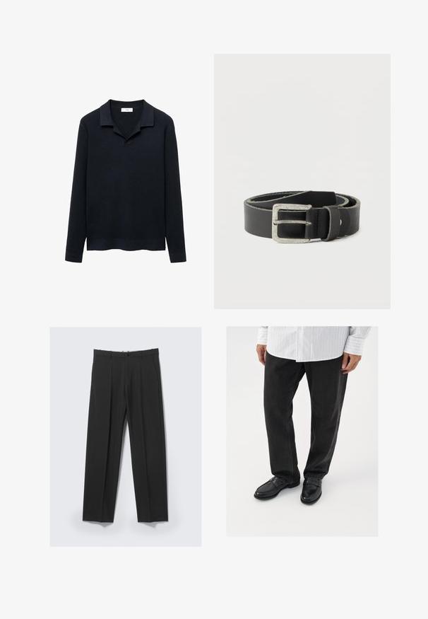 Suéter de punto en azul marino con cuello tipo polo, mangas largas, textura suave y dobladillo que se curva ligeramente hacia arriba. Diseño ligero y casual.; Pantalones negros a medida con pinzas delanteras, bolsillos laterales, trabillas para cinturón y cierre de botón en la cintura sobre un fondo claro.; Pantalones de mezclilla negros combinados con mocasines negros brillantes. La camisa es blanca con finas rayas verticales, de mangas largas y con cuello abotonado.; Cinturón negro de cuero con una hebilla rectangular plateada, que presenta una textura suave y costuras claras contrastantes a lo largo de los bordes.