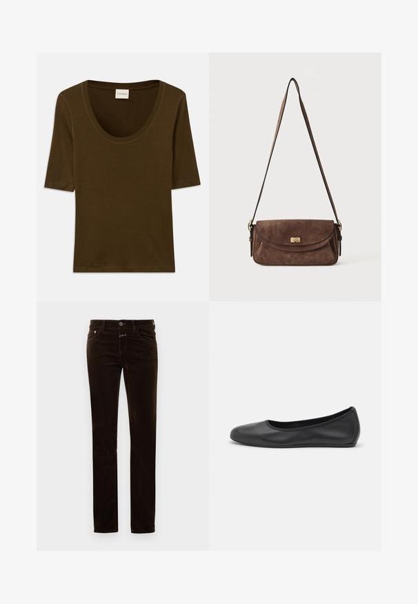 Bruine kortding shirt van zachte stof met een ronde halslijn en een eenvoudig, strak ontwerp. Geen patronen of extra details.; Bruine corduroy broek met een rechte pijp, voorzien van een knoopsluiting, twee voorkwamen en een zachte, gestructureerde stof.; Zwarte leren ballerina met een ronde neus, gladde textuur, minimale stikdetails en een flexibele zoolontwerp.; Bruine suède schoudertas met een lange verstelbare band en een gouden draaisluiting op de voorflap.