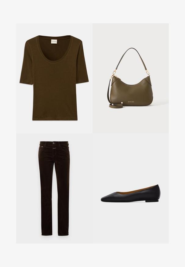 Bruine kortding shirt van zachte stof met een ronde halslijn en een eenvoudig, strak ontwerp. Geen patronen of extra details.; Bruine corduroy broek met een rechte pijp, voorzien van een knoopsluiting, twee voorkwamen en een zachte, gestructureerde stof.; Zwarte leren puntschoen met lage hak en gladde afwerking, zijaanzicht op een lichtgrijze achtergrond.; Olijfgroene leren handtas met korte en lange banden, goudkleurige details en het Michael Kors-logo in goud vlak bij de onderkant op een effen achtergrond.