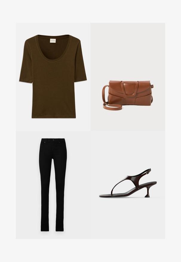 Bruine kortding shirt van zachte stof met een ronde halslijn en een eenvoudig, strak ontwerp. Geen patronen of extra details.; Zwarte denim jeans met een slim fit, voorzien van vijf zakken, een knoopsluiting en een strak ontwerp zonder versieringen.; Donkerbruine lakleren slingbacksandaal met kittenheel en teenbandje op witte achtergrond.; Bruine leren handtas met een strak ontwerp, voorzien van een gestructureerde flap, een opvallende sluiting en een verstelbare schouderband voor veelzijdigheid.