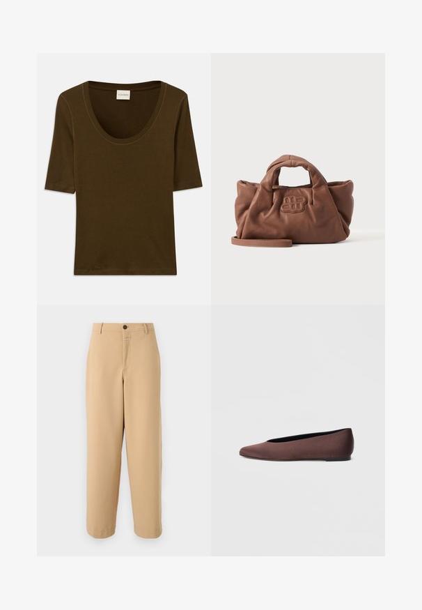 Braunes Kurzarmhemd aus weichem Stoff mit Rundhalsausschnitt und einem einfachen, schlichten Design. Keine Muster oder zusätzlichen Details.; CLOSED WRENNA - Stoffhose - urban beige; Braune Ballettschuhe aus Stoff mit spitz zulaufender Spitze und glatter Textur, ausgestattet mit einem niedrigen Rückenteil und einer dünnen schwarzen Sohle. Keine sichtbaren Muster oder Verzierungen.; Weiche braune Lederhandtasche mit kurzen Griffen, einem vorne aufgenähten Logo und einem abnehmbaren langen Riemen auf schlichtem hellem Hintergrund.