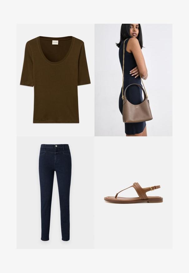 Braunes Kurzarmhemd aus weichem Stoff mit Rundhalsausschnitt und einem einfachen, schlichten Design. Keine Muster oder zusätzlichen Details.; CLOSED SKINNY PUSHER - Jeans Skinny Fit - dark blue; Braune Leder-Sandale mit einem Zehenstegdesign, flacher Sohle und verstellbarem Knöchelriemen mit einer goldenen Schnallenakzent.; Braune Lederhandtasche mit geschwungener Silhouette, goldener Kettenumhänge und geprägtem Logo; vor einem neutralen Hintergrund präsentiert.