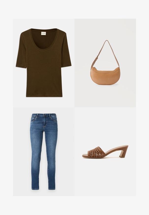 Chemise marron à manches courtes en tissu doux, avec un col arrondi et un design simple et épuré. Aucun motif ni détail supplémentaire.; Jean skinny en denim bleu foncé, avec cinq poches, une fermeture à bouton et des détails de décoloration légère à l'avant et à l'arrière pour plus de texture.; Mule tissée marron à bout ouvert avec un talon bloc et un design slip-on sur fond blanc uni.; Sac d'épaule en cuir marron clair en forme de croissant avec une sangle ajustable et une fermeture éclair supérieure sur un fond uni.
