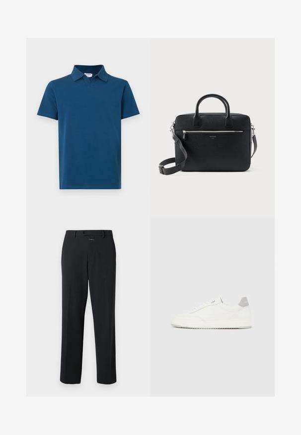 Camiseta tipo polo de manga corta en algodón azul oscuro sólido con un cuello clásico y sin patrones o adornos visibles.; Pantalones negros de corte recto, fabricados en una tela suave. Presentan un cierre frontal con botón y detalles de costura sutiles. Diseño liso sin patrones.; Zapatilla blanca de corte bajo con pestaña en el talón gris, cordones blancos y suela texturizada, presentada sobre un fondo claro y liso.; Maletín rectangular de cuero negro con textura, con doble asa, bolsillo frontal con cremallera y correa de hombro ajustable, mostrado sobre fondo blanco.