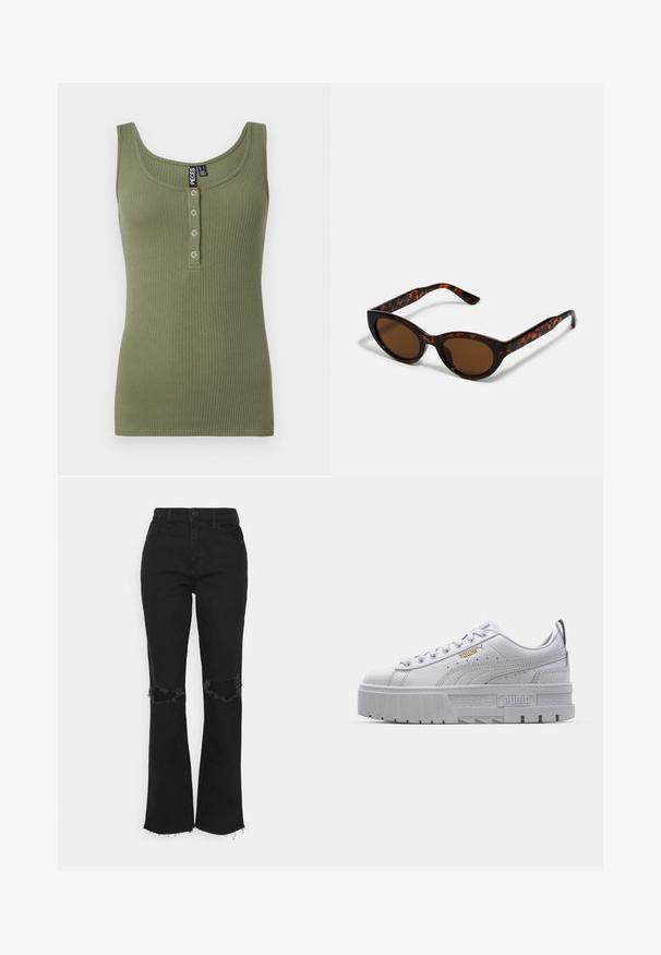 Olijfgroene geribbelde tanktop met een ronde hals en een vijfknops sluiting aan de voorzijde. Zachte textuur en een aansluitend ontwerp.; Hollister Co. Jeans Skinny Fit - black; Witte platform sneakers met een leren bovenwerk, gevoerde kraag, grijze rubberen zool en gouden accenten met het Puma-logo.; Bruine schildpad zonnebril met een vintage cat-eye vorm en bruine lenzen. Heeft gebogen armen met rode accenten.
