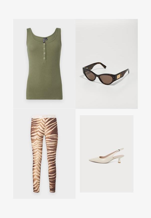 Olivengrøn ribbet tanktop med en rund halsudskæring og fem knaplukninger foran. Blød tekstur og tætsiddende design.; Brune og beige tigerstribede leggings med en hvid linning med "just cavalli"-branding i lyse orange.; Beige læder slingback-pumpe med spids tå, lavt buet hæl og justerbar spænde-rem.; Katteøje solbriller i mørkt skildpadde-mønster, med brune linser og guld detaljer. Firkantede rammer med teksturerede stænger.