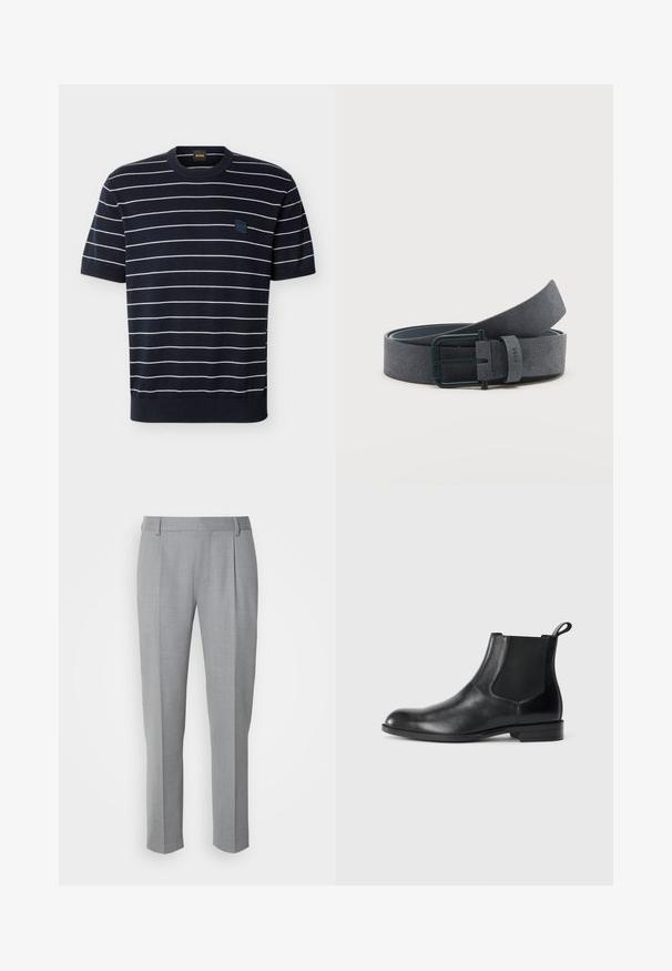 Chemise en maille bleu marine à manches courtes avec des rayures horizontales blanches et un petit patch logo carré BOSS sur la poitrine gauche.; Pantalons gris sur mesure avec une texture lisse, présentant un devant plat, des jambes droites et de légères pinces pour plus de détail.; Bottine en cuir noir avec des panneaux latéraux élastiques, bout rond et tirette. Texture lisse, semelle plate, design minimaliste.; Ceinture en daim gris foncé avec une boucle rectangulaire noire, roulée avec l'extrémité partiellement relevée sur un fond clair uni.