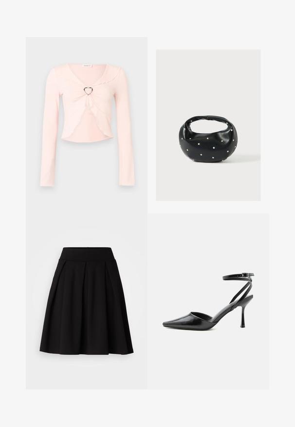 Ανοιχτό ροζ crop top με μακριά μανίκια, με κυματιστές άκρες και μεταλλικό δαχτυλίδι σε σχήμα καρδιάς στο κέντρο μπροστά.; Μαύρη πλισέ φούστα από μαλακό ύφασμα, με ψηλή μέση και φαρδιά γραμμή σε σχήμα Α, κατάλληλη για διάφορες περιστάσεις.; Μαύρη γόβα μυτερή με λεπτά λουράκια στον αστράγαλο και ασημένια πόρπη σε απλό ανοιχτό φόντο.; Μαύρη δερμάτινη τσάντα χειρός με στρογγυλεμένο σχήμα, διακοσμημένη με ασημένιες λεπτομέρειες με καρφιά και κοντή λαβή. Λείο υλικό και κλείσιμο με φερμουάρ.