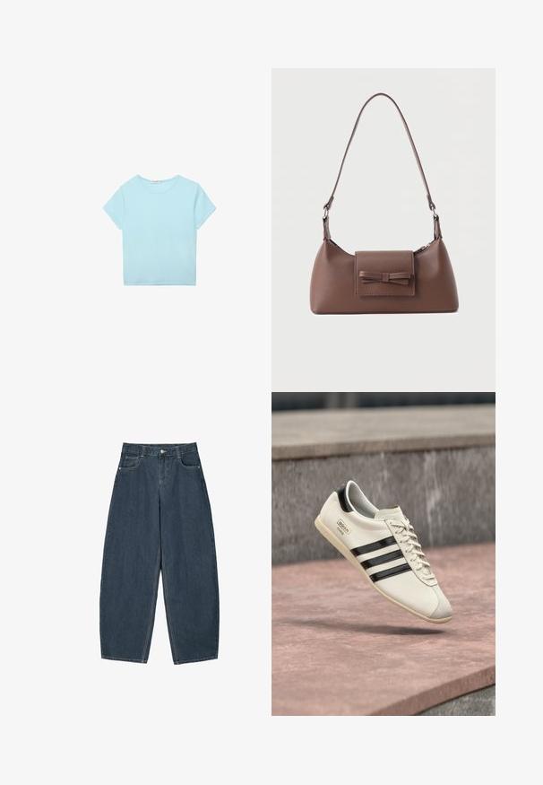 T-shirt court bleu clair à manches courtes et col rond, avec un ourlet droit, posé à plat sur un fond blanc.; Jeans en denim bleu foncé à jambes larges avec une taille haute, dotés de cinq poches et de détails de couture visibles. Design épuré et minimal.; Baskets blanches Adidas avec des rayures noires et une semelle beige, flottant au-dessus d'une surface en béton rosâtre et d'un fond en pierre grise.; Sac à bandoulière en cuir marron avec une poche à rabat avant ornée d'un détail en forme de nœud cousu et une sangle réglable.