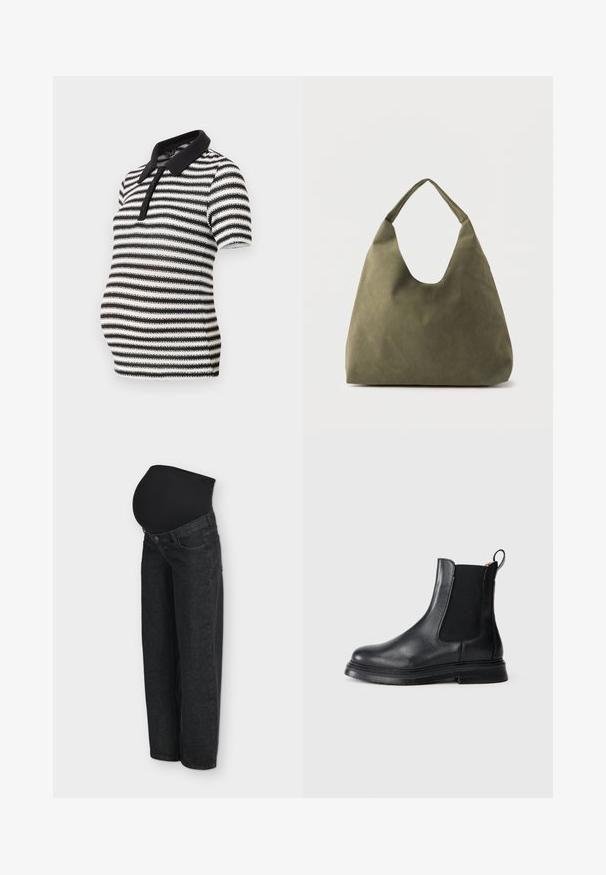 Chemise polo à rayures noir et blanc à manches courtes, avec un col noir et une fermeture à boutons, conçue pour le port pendant la grossesse.; Jeans de maternité noirs avec une taille haute extensible conçue pour accueillir un ventre de femme enceinte, présentés sur un fond uni.; Bottines Chelsea en cuir noir avec des panneaux latéraux élastiques, bout arrondi et semelle en caoutchouc noir texturé. Dispose d'une languette pour un enfilage facile.; Sac à bandoulière en cuir souple vert olive avec une large sangle unique et une forme décontractée et non structurée sur un fond clair.