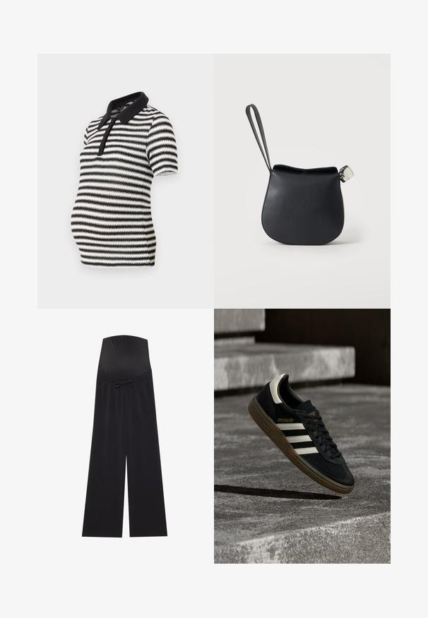 Schwarz-weißer gestreifter Poloshirt mit kurzen Ärmeln, schwarzem Kragen und Knopfleiste, entworfen für Umstandsmode.; Schwarze Umstandshose mit einem breiten, dehnbaren Bündchen und einer Schleifenakzentuierung. Hergestellt aus weichem Stoff, mit einem lockeren, weitem Bein-Design.; Schwarzer Adidas-Sneaker mit weißen Streifen und Gummisohle schwebt über grauen Betonstufen im natürlichen Licht.; Schwarze Leder-Handgelenktasche mit abgerundetem Boden und silbernem Verschluss auf schlichtem weißem Hintergrund.