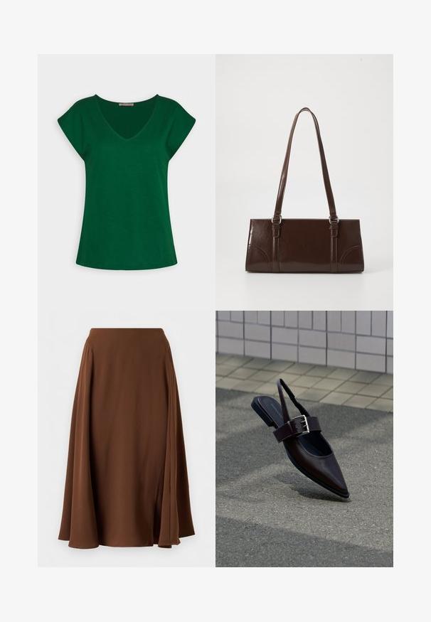 Grünes Kurzarm-T-Shirt mit V-Ausschnitt-Design, gefertigt aus weichem Baumwollstoff, mit klaren Linien und lockerer Passform.; Brauner knielanger Rock mit A-Linien-Silhouette und dezenten seitlichen Falten, aus glattem, fließendem Stoff gefertigt.; Dunkelbrauner Slingback-Flachschuh mit spitz zulaufender Zehenpartie, breitem Riemen und großer silberner Schnalle auf Asphalt in der Nähe einer gefliesten Wand.; Braune Lackleder-Handtasche in rechteckiger Form, mit zwei langen Griffen und subtilen, geschwungenen Akzenten auf der Vorderseite.