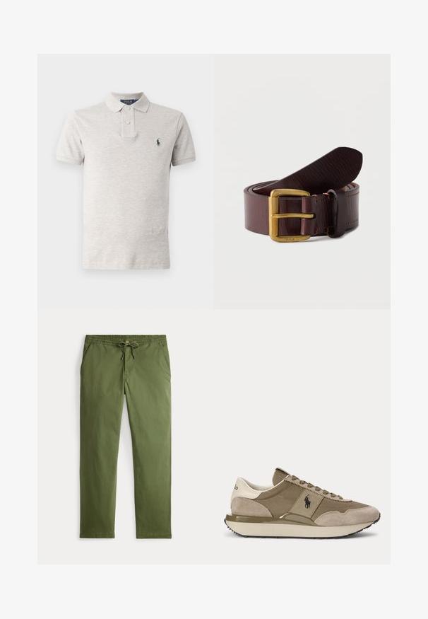Heled hall polo-särk, mis on valmistatud puuvillast, klassikalise krae, kahe nupuga varustatud, lühikeste varrukatega ja rinnal on väike roheline logo.; Meeste oliivrohelised vabaaja püksid, millel on elastne vöökoht, nööriga kinni tõmbamine, nööp sulgemine ja küljetaskud, asetatud tasasele valgel taustale.; Bežide ja pruuni tossu külgvaade, millel on seemisnahast detailid ja Polo logo küljes, ühevärvilise tausta ees.; Tumepruun nahast vöö, keritud, messingist pandlaga, millele on graveeritud sõna Polo, tavalise valge taustaga.