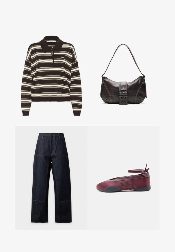Polo à manches longues avec des rayures horizontales marron, beige et blanches, patte de boutonnage et petit logo "BG" sur la poitrine.; Jean denim bleu foncé à jambes larges, taille haute, coutures jaunes visibles, fermeture à boutons sur le devant et grandes poches plaquées à l'avant.; Ballerine bordeaux avec semelle noire, brides élastiques à la cheville nouées en nœud, et détails cousus sur les côtés, vue de l'extérieur.; Sac à épaule en cuir marron avec une forme courbée, présentant un détail de boucle proéminent, des coutures contrastantes et une seule bandoulière.