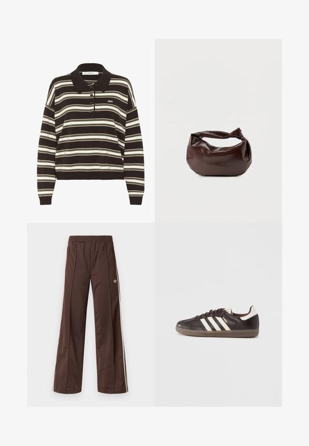 Polo à manches longues avec des rayures horizontales marron, beige et blanches, patte de boutonnage et petit logo "BG" sur la poitrine.; Pantalon de sport marron à jambes larges, avec des bandes blanches sur les côtés, une taille élastique et deux poches latérales. Présente un petit logo sur la jambe.; Baskets en cuir marron foncé avec un design à trois bandes blanches, une semelle en caoutchouc et l'inscription "Samba" en lettres dorées sur le côté. Forme classique basse.; Sac bandoulière en cuir marron foncé avec une forme souple et décontractée et une anse nouée torsadée sur un fond blanc uni.