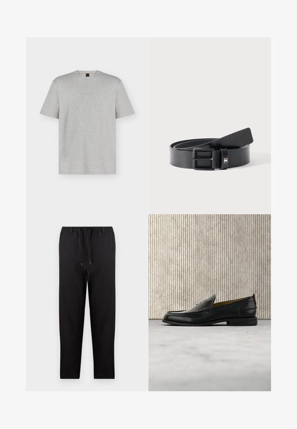 T-shirt gris clair à manches courtes et col rond avec un logo "BOSS" discret en relief centré sur la poitrine.; Pantalon noir droit avec taille élastique, cordon réglable et fermeture par bouton, présenté sur un fond uni.; Mocassin pour homme en cuir noir avec un dessus embossé effet croco et un petit talon, présenté de profil sur un fond neutre.; Ceinture en cuir noir avec boucle métallique noire mate, légèrement enroulée avec l'extrémité de la lanière reposant sur une surface blanche.