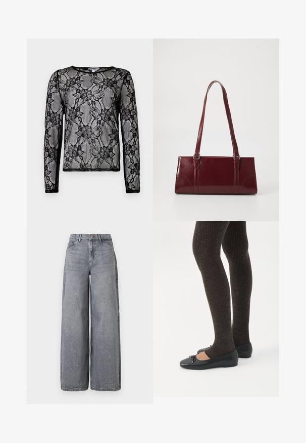 Camiseta negra de manga larga hecha de encaje transparente con patrones florales, un escote redondeado y ribetes en negro contrastante alrededor de los bordes.; Jeans de denim de pierna ancha en un lavado gris desgastado, con cinco bolsillos, cierre de botón y una textura suave con sutiles detalles de desgaste.; Piernas con leggings oscuros acanalados combinados con bailarinas negras que presentan pequeños detalles de lazo sobre un fondo blanco.; Bolso burdeos hecho de material brillante, de forma rectangular, con dos asas para el hombro y sutiles acentos curvados en la parte frontal.