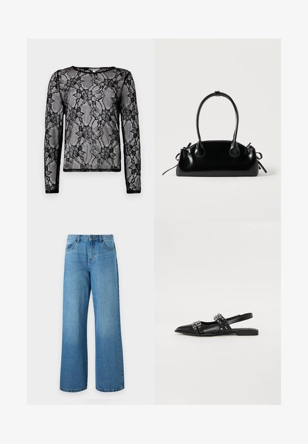 Camiseta negra de manga larga hecha de encaje transparente con patrones florales, un escote redondeado y ribetes en negro contrastante alrededor de los bordes.; Jeans de mezclilla de pierna ancha en azul claro, con una cintura alta, cierre de cremallera y diseño de cinco bolsillos con un ligero desvanecimiento.; Even&Odd by Zalando Bailarinas con tira trasera - black; Pequeño bolso negro brillante con dos asas largas y detalles de cordón lateral sobre un fondo claro liso.