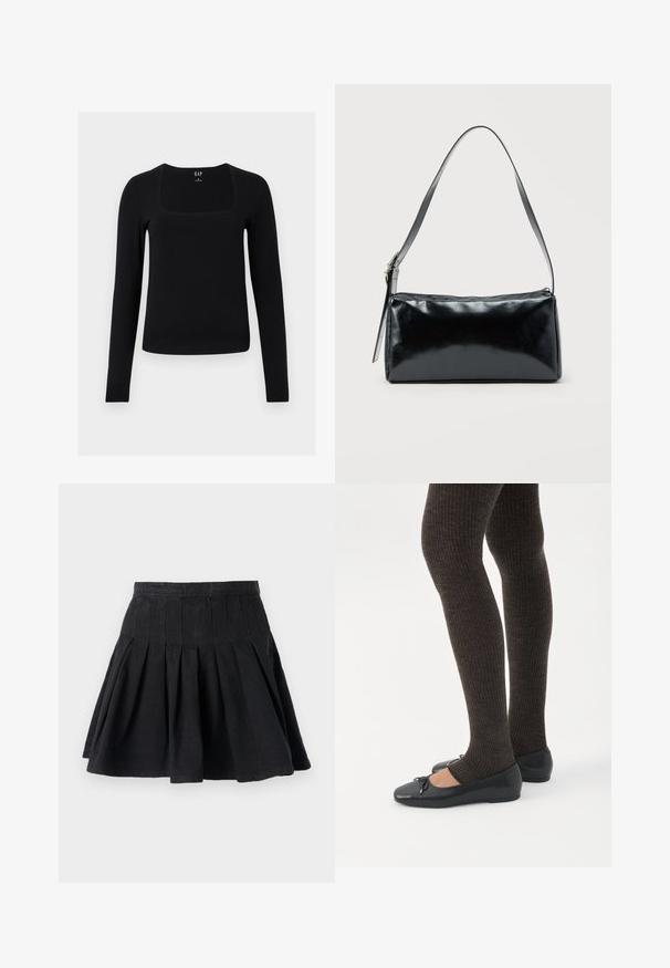 Must värviline pikade varrukatega topp ruudukujulise kaelusega, valmistatud pehmest ja venivast materjalist. Omab kitse disaini ja lihtsat, minimalistlikku stiili.; Must have mustriga mustainest puuvillakangast. Omab istuvat vööd ja laienevat äärist. Lihtne disain ilma nähtavate mustrite või kaunistusteta.; Jalad seljas tumedad soonelises soonelises kombines mustade baleriinadega, millel on väikesed paelade detailid valgel taustal.; Must ristkülikukujuline õlakott ühe reguleeritava rihmaga ja ülemise tõmblukuga, ühtlase taustaga.