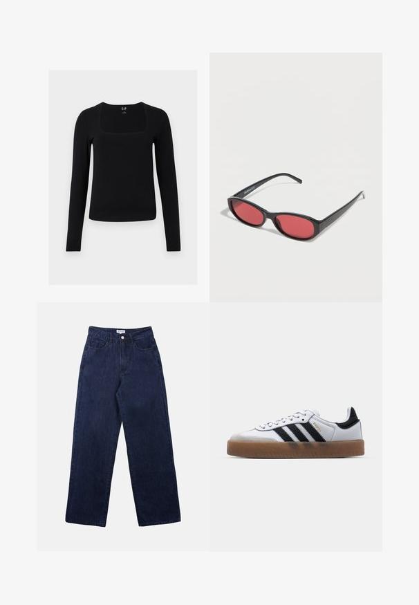 Haut noir à manches longues avec un décolleté carré, fabriqué à partir d'un matériau doux et extensible. Présente un design ajusté et un style simple et minimaliste.; Pantalons en denim bleu foncé avec une coupe droite, dotés d'une fermeture à bouton à l'avant, de passants de ceinture et de deux poches avant.; Baskets en cuir blanc avec des rayures noires, semelle extérieure en caoutchouc beige, bout rond, fermeture lacée et embout en suède gris doux.; Lunettes de soleil ovales noires avec des branches fines et des verres teintés rouges posées sur une surface blanche.